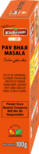 Angled orange Kichnam Pav Bhaji Masala box, 100g, with gold accents.