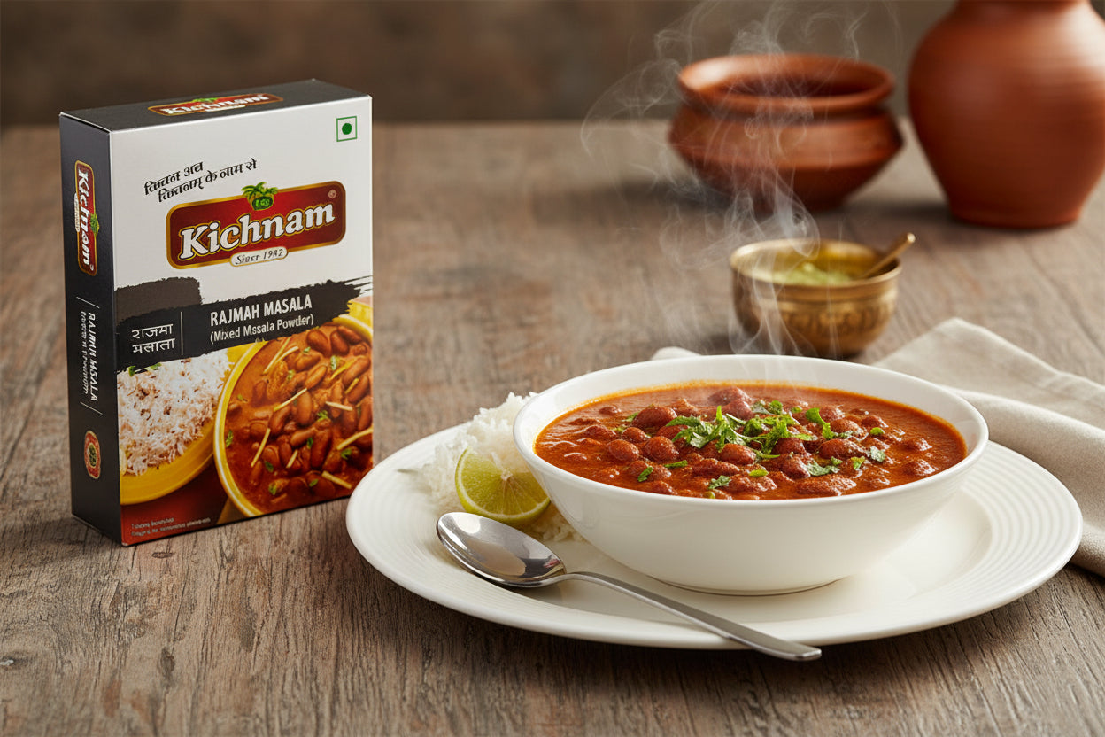 Bowl of beans with a Kichnam Rajma Masala box on a wooden table
