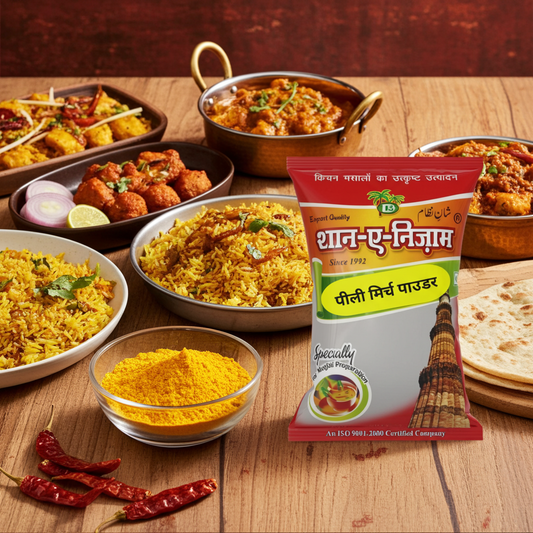 Packaged spice mix of Shan-e-Nizam Pili Mirch Powder (Yellow Chilli Powder) on a wooden table with Indian cuisine dishes