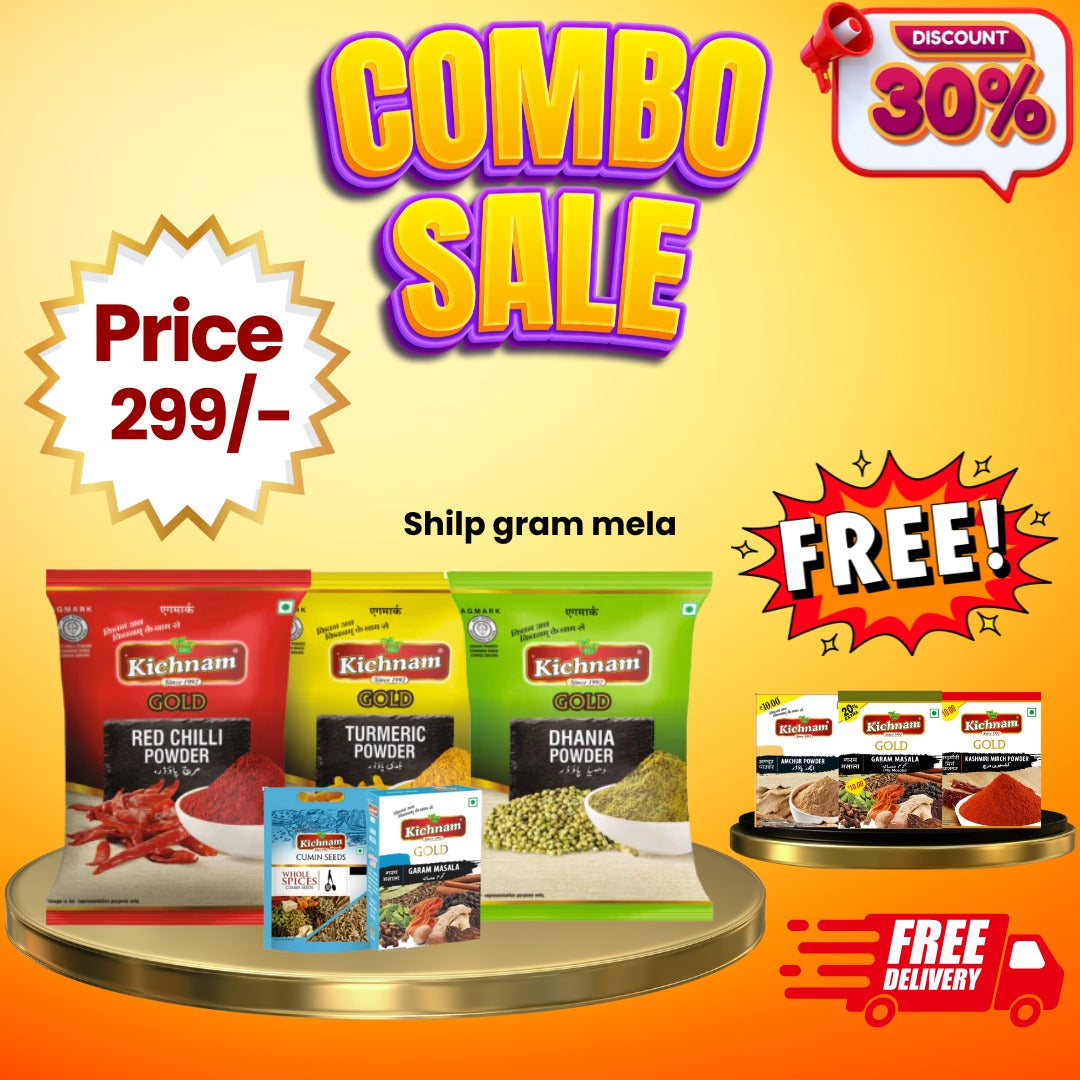 Combo Sale Diwali Special (Red Chilli Powder 200gm, Turmeric Powder 200gm, Dhaniya Powder 200gm, Gram Masala 100gm, Cumin Seed 100gm) -  Free 3 Pouches Worth Rs. 30