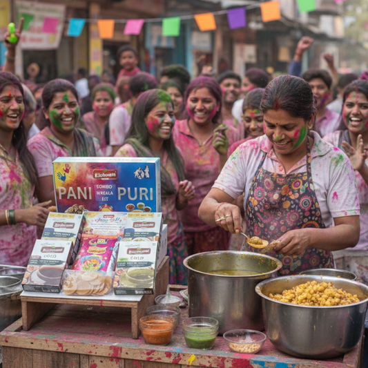 Woman preparing food at a street stall with colorful decorations and people in the background.