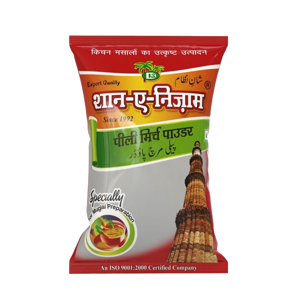 Spice packet with branding and product details on a white background