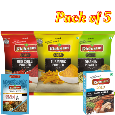 Pack of five Kichnam Gold spices including red chili, turmeric, dhania powder, garam masala, and cumin seeds