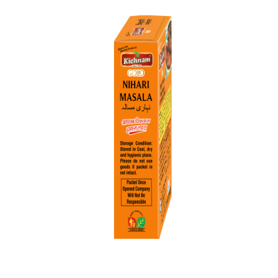 Kichnam Gold Nihari Masala pack in orange box with storage and usage instructions for non-veg dishes