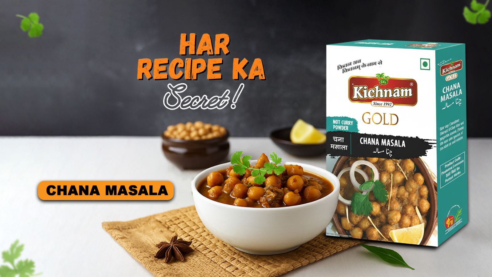 Kichnam Chana Masala packaging with a bowl of chana masala on a white surface.