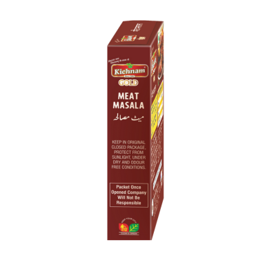 Kichnam Gold Meat Masala spice box with storage instructions, ideal for enhancing non-vegetarian dishes flavor.