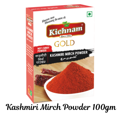 Kichnam Gold Kashmiri Mirch Powder 100gm pack with vibrant red chili powder for non-veg dishes cooking