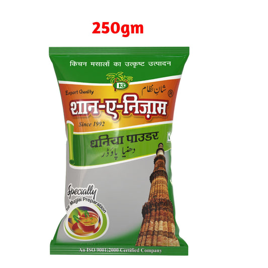 Shan E Nizam 250g Dhania Powder packaging for authentic Mughlai spice flavor and cooking blend