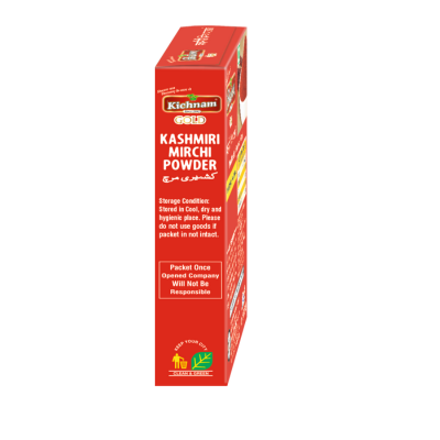 Kichnam Gold Kashmiri Mirch Powder in red packaging for enhancing flavor in non veg dishes, pack of 100gm.