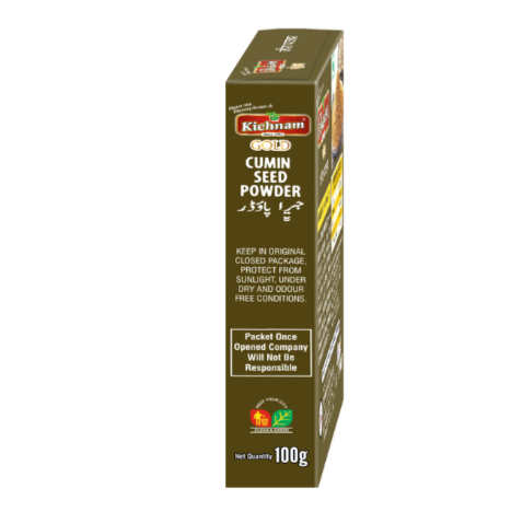 Dark olive green Kichnam Gold Cumin Seed Powder box, 100g, angled.