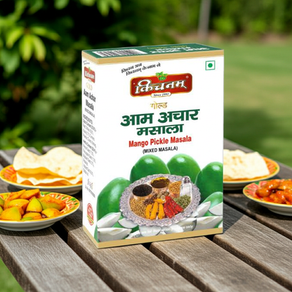 Box of Kichnam Mango Pickle Masala with a blurred outdoor background