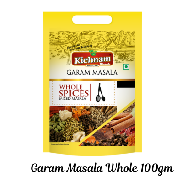 A yellow packet of Kichnam Pack of 10 (Halid, Mirch, Dhania, Jeera, Garam Masala Powder, Amchur, Hing, Kasoori Methi, Sabji Masala, Garam Masala Sabut), showcasing assorted spices and labeled with rich flavor from premium ingredients.
