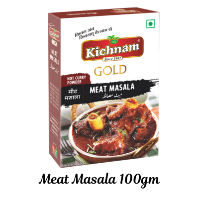 Kichnam Gold Meat Masala 100gm box with cooked meat dish image for premium non veg spices kit
