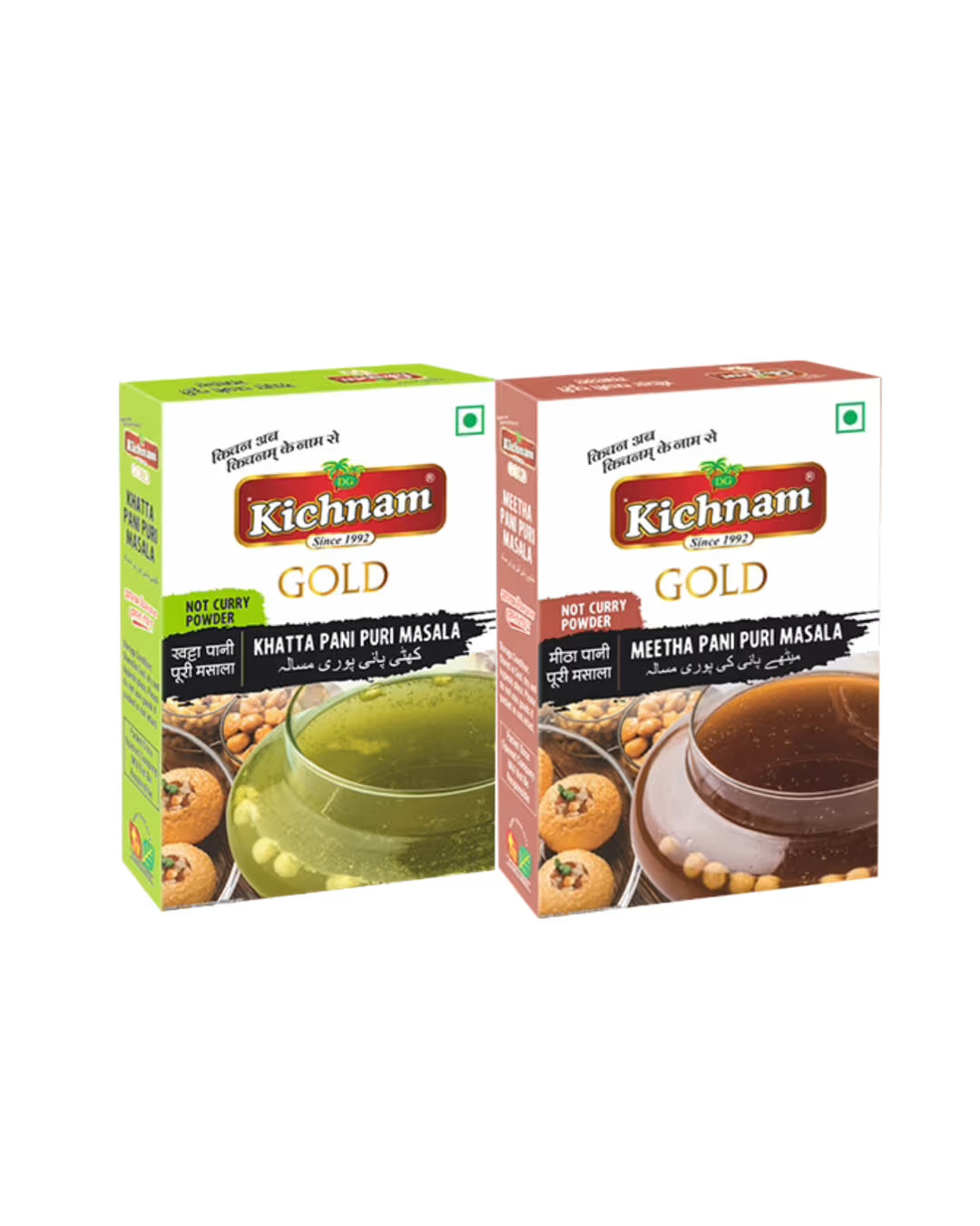 Two boxes of Kichham Gold Metha -khatta Pani Puri Masala on a white background 