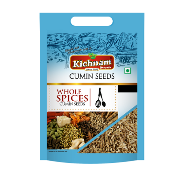 A blue packet of kichnam Whole Spices Cumin Seeds (khada Jeera)