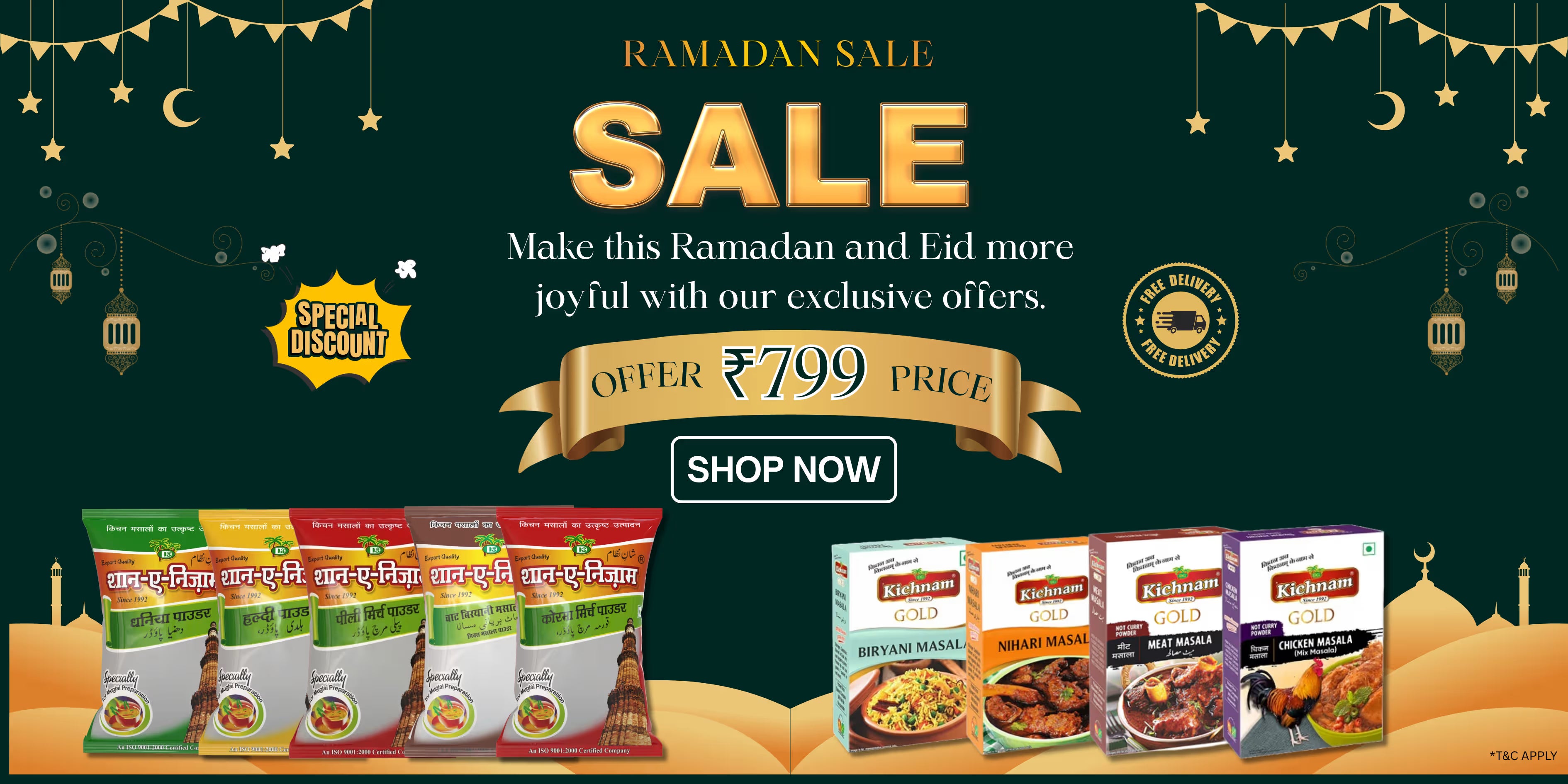 Kichnam Promotional banner for Ramadan sale with food products and festive decorations.