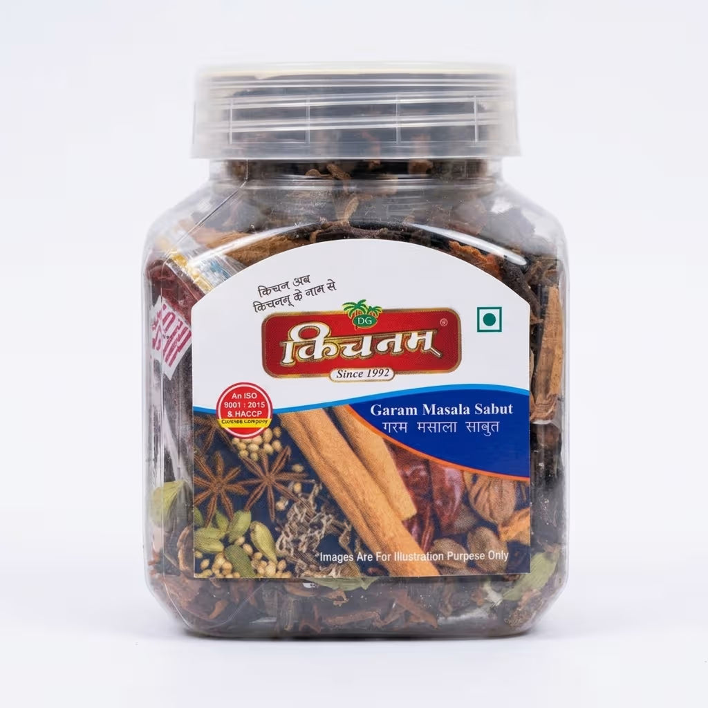 Jar of Garam Masala Sabut with Kichnam brand label on a white background