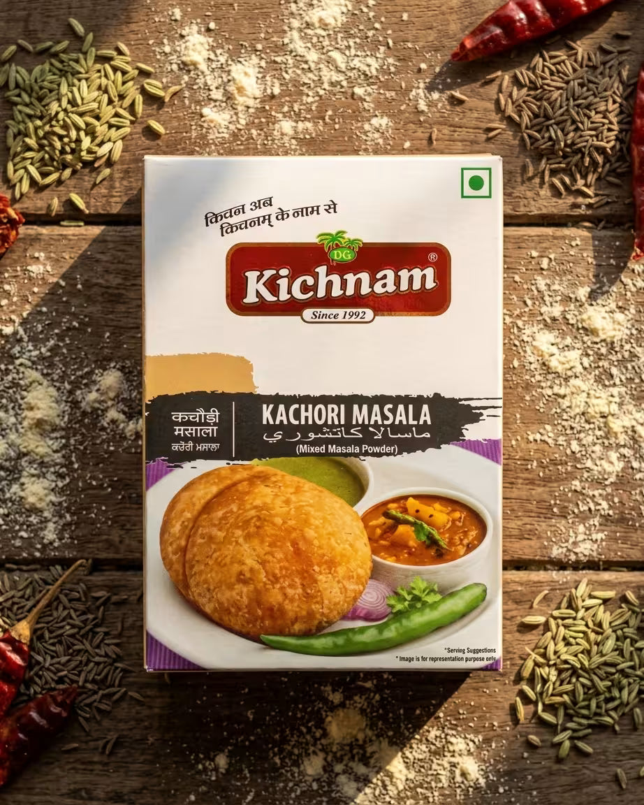 Kichnam Kachori Masala packaging on a wooden surface with spices around