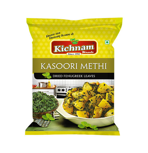 Yellow and green Kichnam Kasoori Methi pouch with dried fenugreek leaves and potato curry.