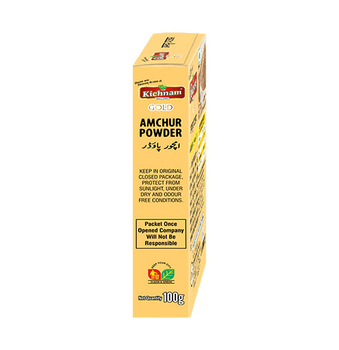 Angled view of a light yellow Kichnam Amchur Powder 100g box.
