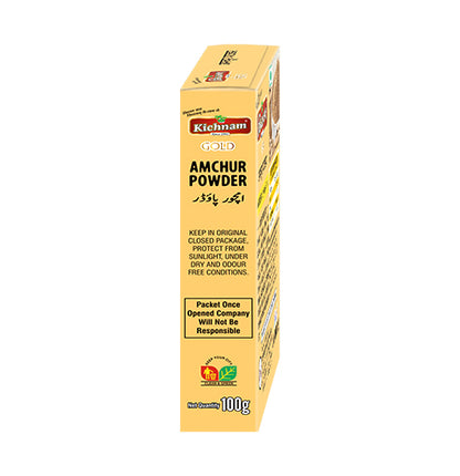 Angled view of a light yellow Kichnam Amchur Powder 100g box.