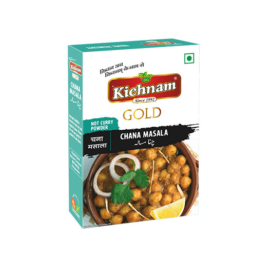 Angled white and teal Kichnam Chana Masala box with a bowl of chickpeas.