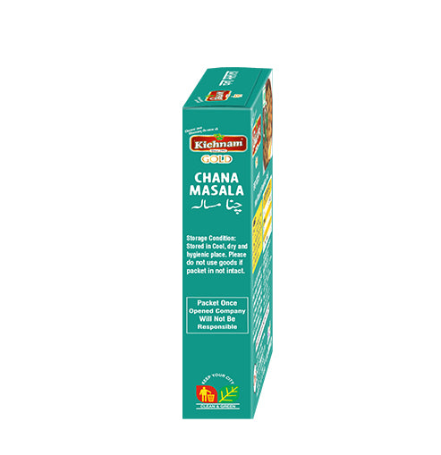 Angled teal Kichnam Gold Chana Masala powder box with white and red text.