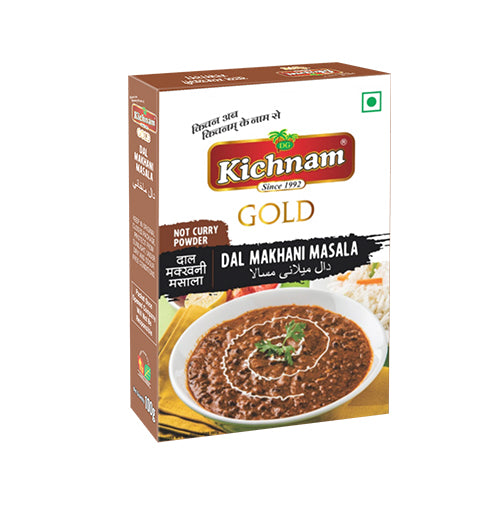 Angled brown and white Kichnam Dal Makhani Masala box featuring a bowl of dal.
