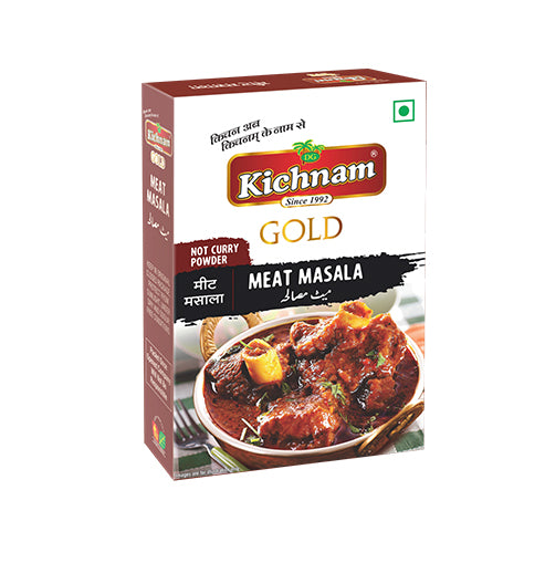 Angled white and red Kichnam Gold Meat Masala box with meat curry.