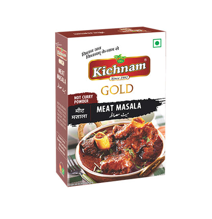Angled white and red Kichnam Gold Meat Masala box with meat curry.