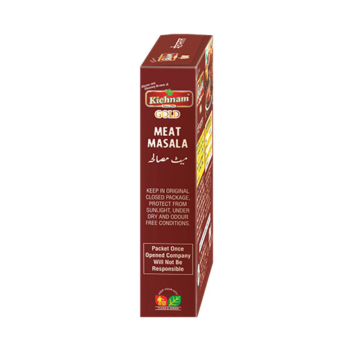 Angled view of a dark red Kichnam Gold Meat Masala spice box.
