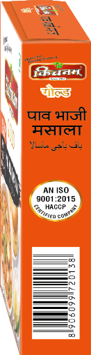 Angled orange Kichnam Gold Pav Bhaji Masala box with ISO certification.