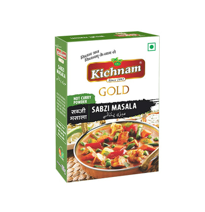 Angled green and white Kichnam Sabzi Masala box with a vegetable curry image.