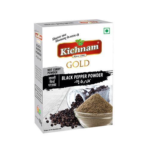 White Kichnam Gold Black Pepper Powder box with peppercorns illustration.