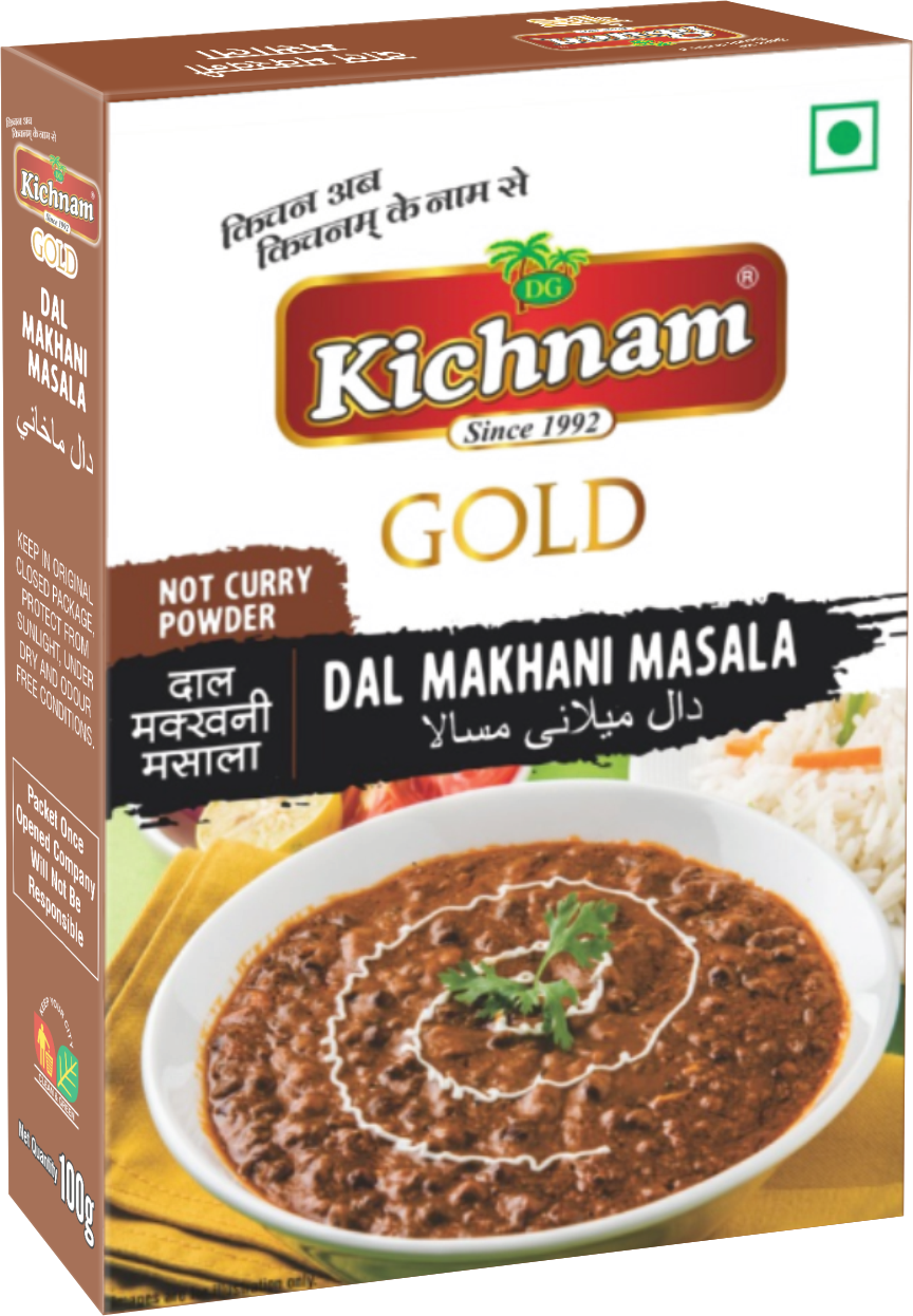 A box of Kichnam Gold Dal Makhani Masala, showing an image of the dish on the front and text in English, Hindi, and Urdu describing the product.