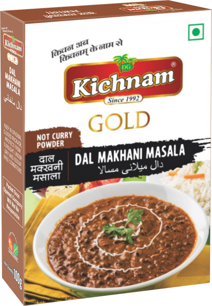 A box of Kichnam Gold Dal Makhani Masala, showing an image of the dish on the front and text in English, Hindi, and Urdu describing the product.