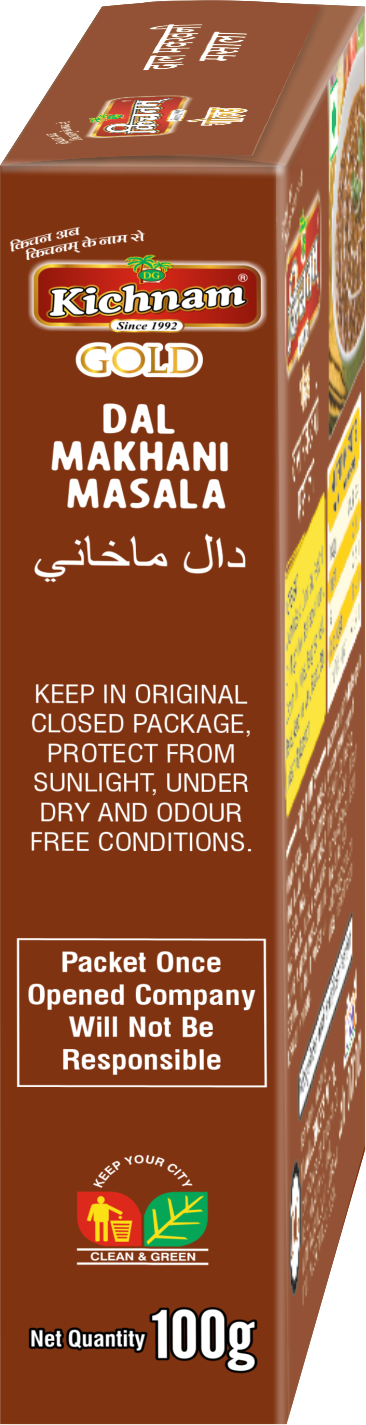 A box of Kichnam Gold Dal Makhani Masala, showing an image of the dish on the front and text in English, Hindi, and Urdu Side with 100g