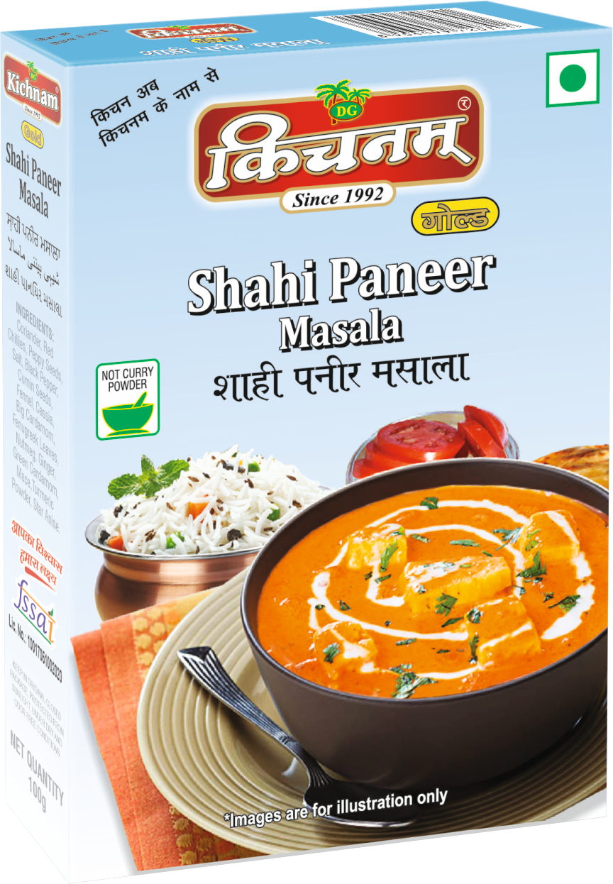 Box of Kichnam Shahi Paneer Masala featuring an image of Shahi Paneer curry in a bowl, garnished with cream and coriander, with rice and salad on the side.