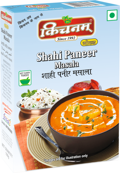 Box of Kichnam Shahi Paneer Masala featuring an image of Shahi Paneer curry in a bowl, garnished with cream and coriander, with rice and salad on the side.