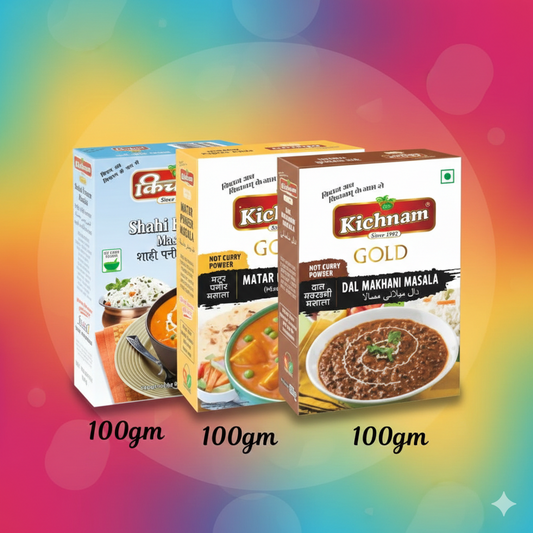 Three boxes of Kichnam brand spices on a colorful gradient background