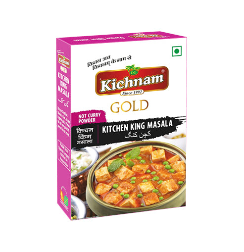Angled white and magenta Kichnam GOLD Kitchen King Masala box with curry image.