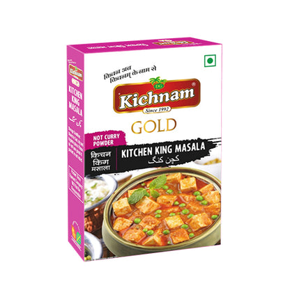 Angled white and magenta Kichnam GOLD Kitchen King Masala box with curry image.