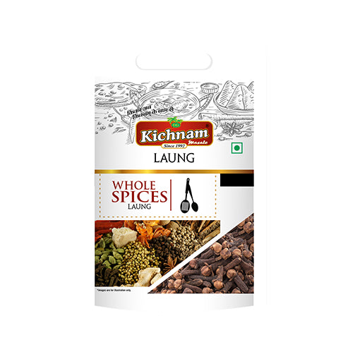 Packaging of Kichnam Laung, showing whole spices like cloves, cinnamon, and coriander, with a label that includes the brand name and the Hindi text 'Laung' meaning whole spices. "Long"