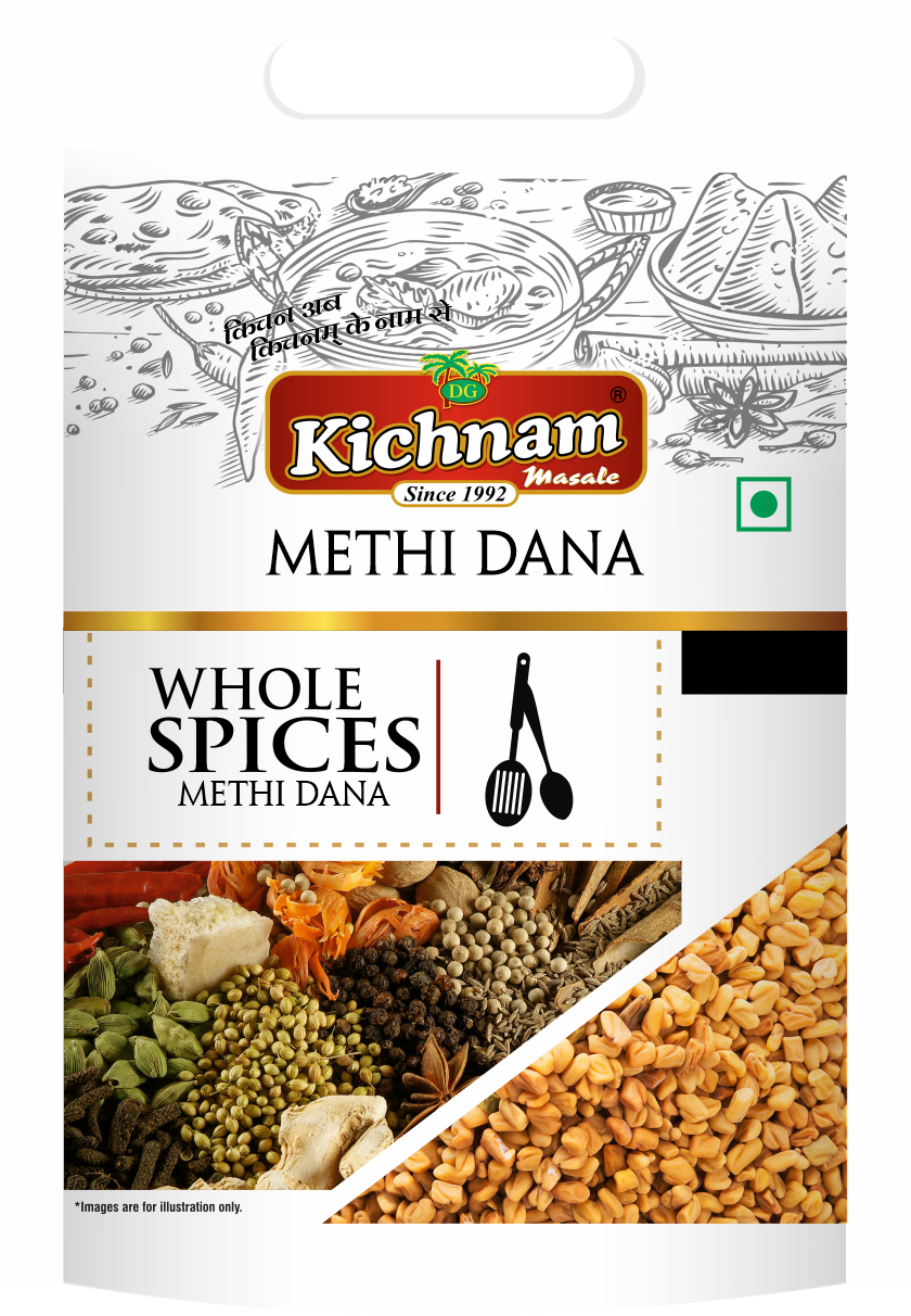 Kichnam Masale Methi Dana whole spices pack with assorted Indian spices and fenugreek seeds close-up view