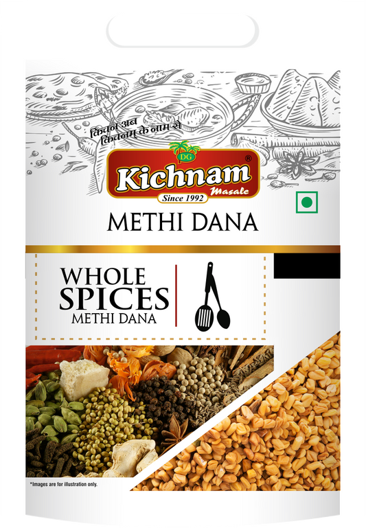 Kichnam Masale Methi Dana whole spices pack with assorted Indian spices and fenugreek seeds close-up view