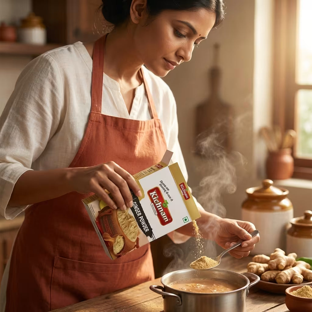 Woman in a kitchen adding spices from a Kitchenam  brand container to a pot.