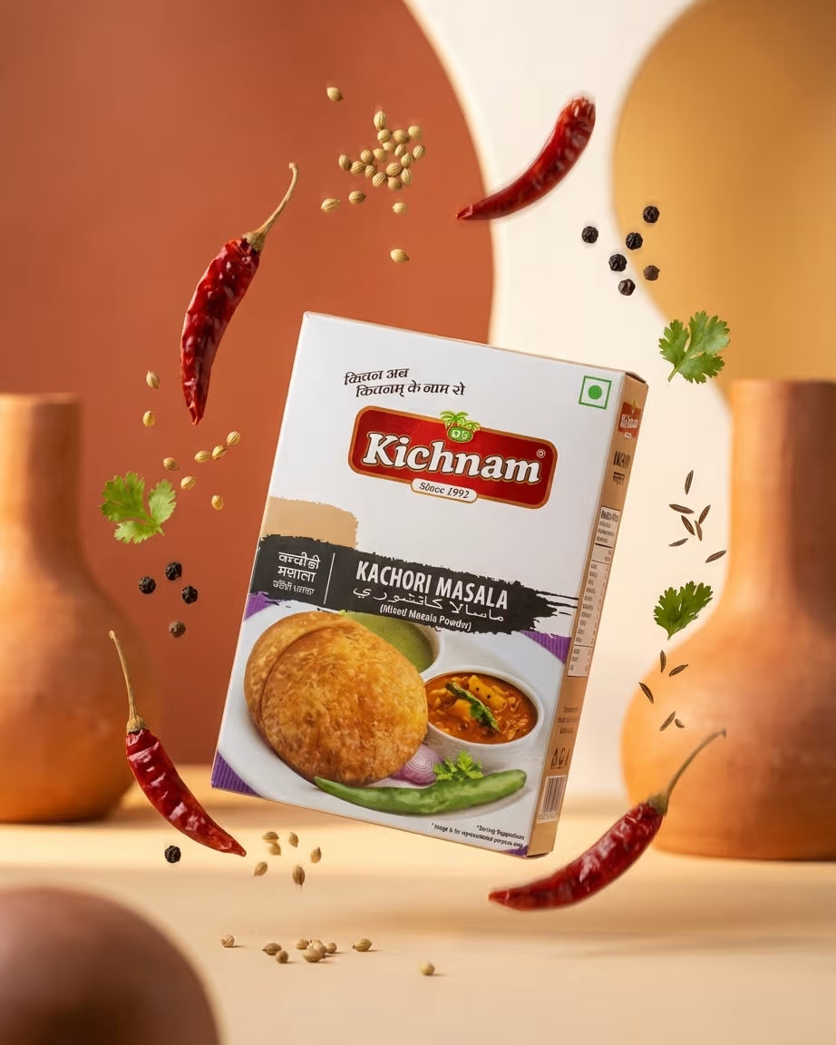 Kichnam Kachori Masala packaging with spices and ingredients on a warm background