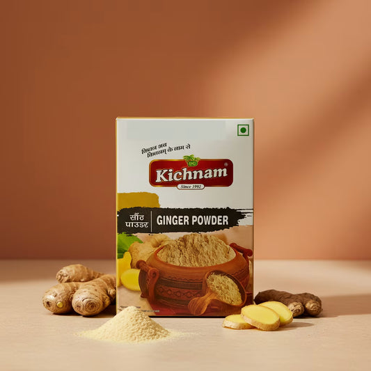 Kichnam ginger powder packaging with ginger roots and powder on a brown background