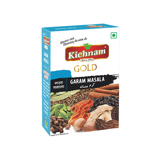 Angled white and blue Kichnam Gold Garam Masala box with whole spices.