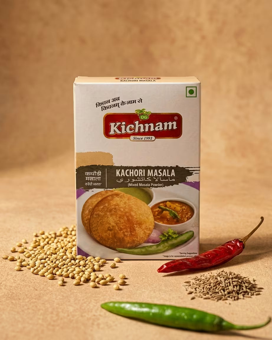 Kichnam Kachori Masala packaging with ingredients on a beige background